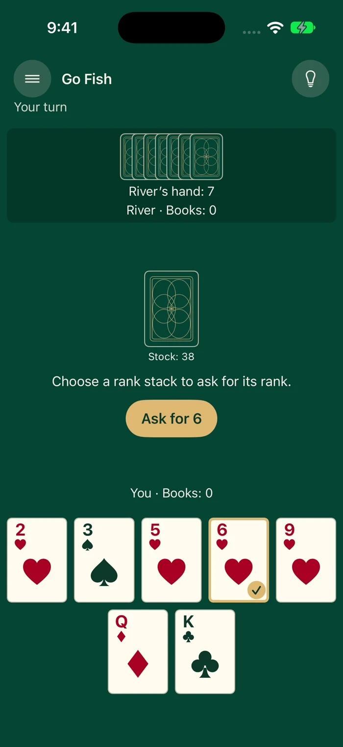 Actual Time for Cards Go Fish game with a hand of readable cards